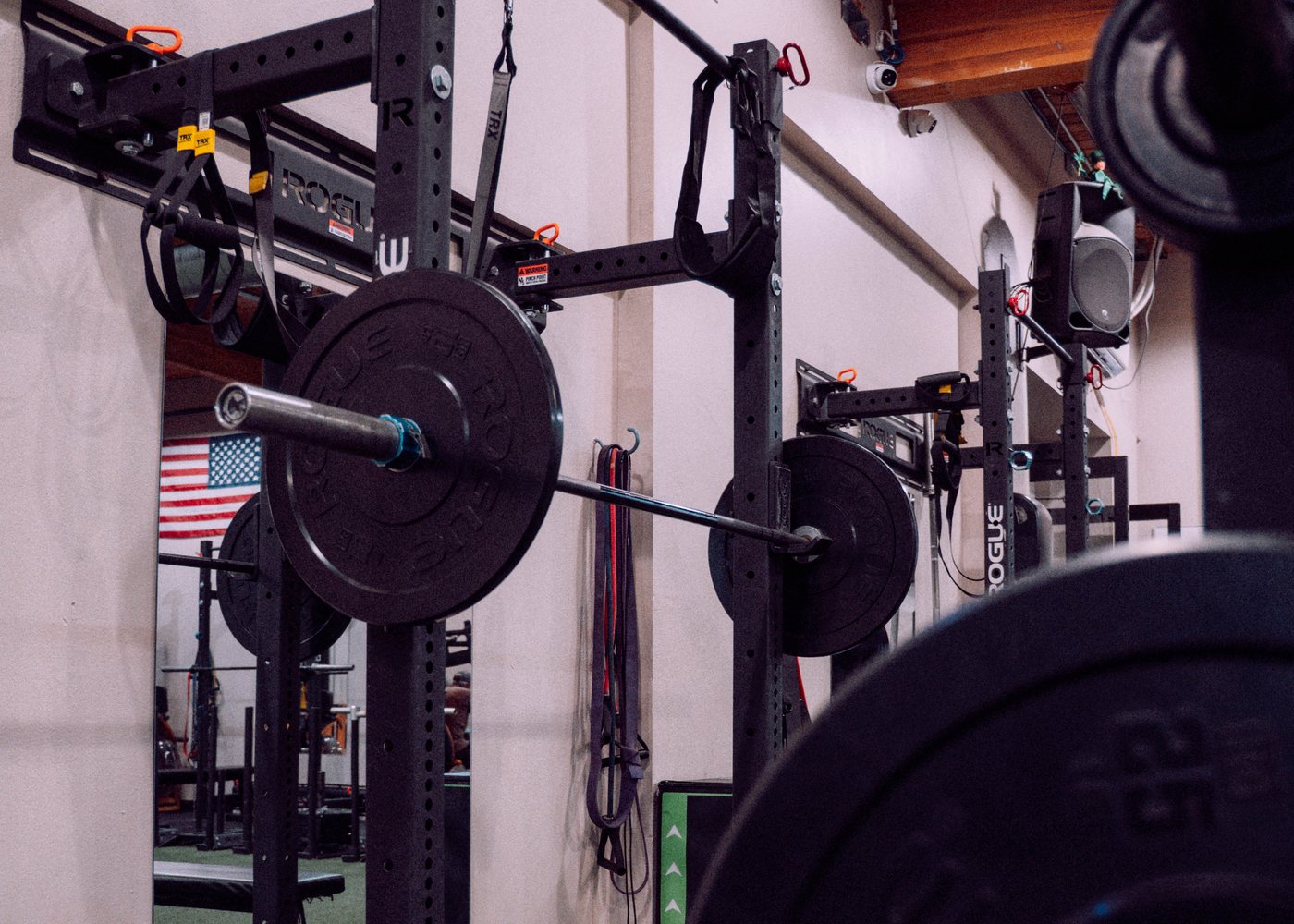 Loaded bars and plate trees in the training room