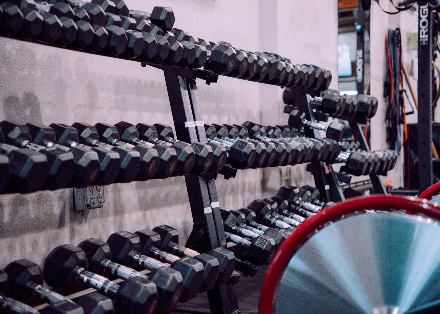 The dumbbell racks in the weightroom